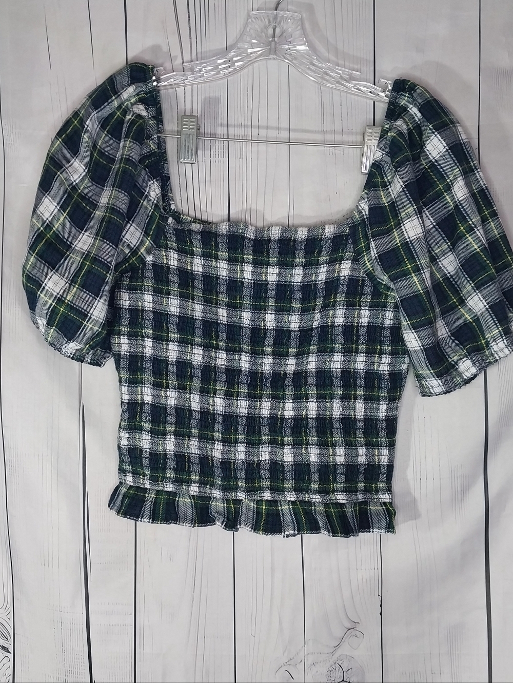 American Eagle Plaid Tartan Square Neck Puff Sleeve Smocked Bodice Crop Top